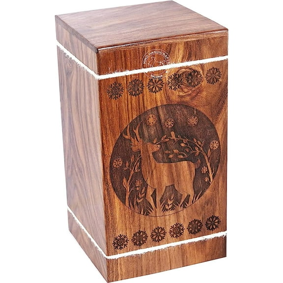 Handcrafted Floral Engraved Wooden Urns for Human Ashes Adult Large - Buck Deer Cremation Urn for Ashes - Burial Urn for Columbarium - Funeral Urn Box (250 LB - Rosewood, Design-1)