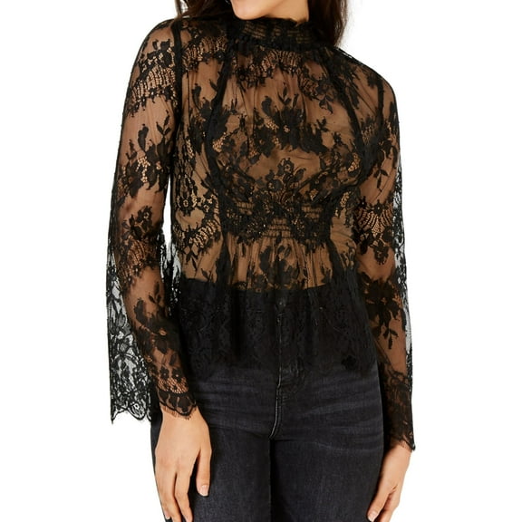 Leyden Womens Sheer Lace Pullover Blouse, Black, Small