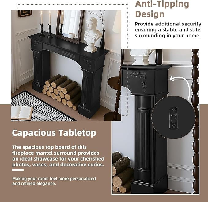 EPICOZY 43.3" Fireplace Mantel, Freestanding Fireplace Surround with Leg for Electric Fireplaces, MDF Mantel Surround with Shelf for Living Room with Decorative Pattern, Anti-Tipping & Waterproof