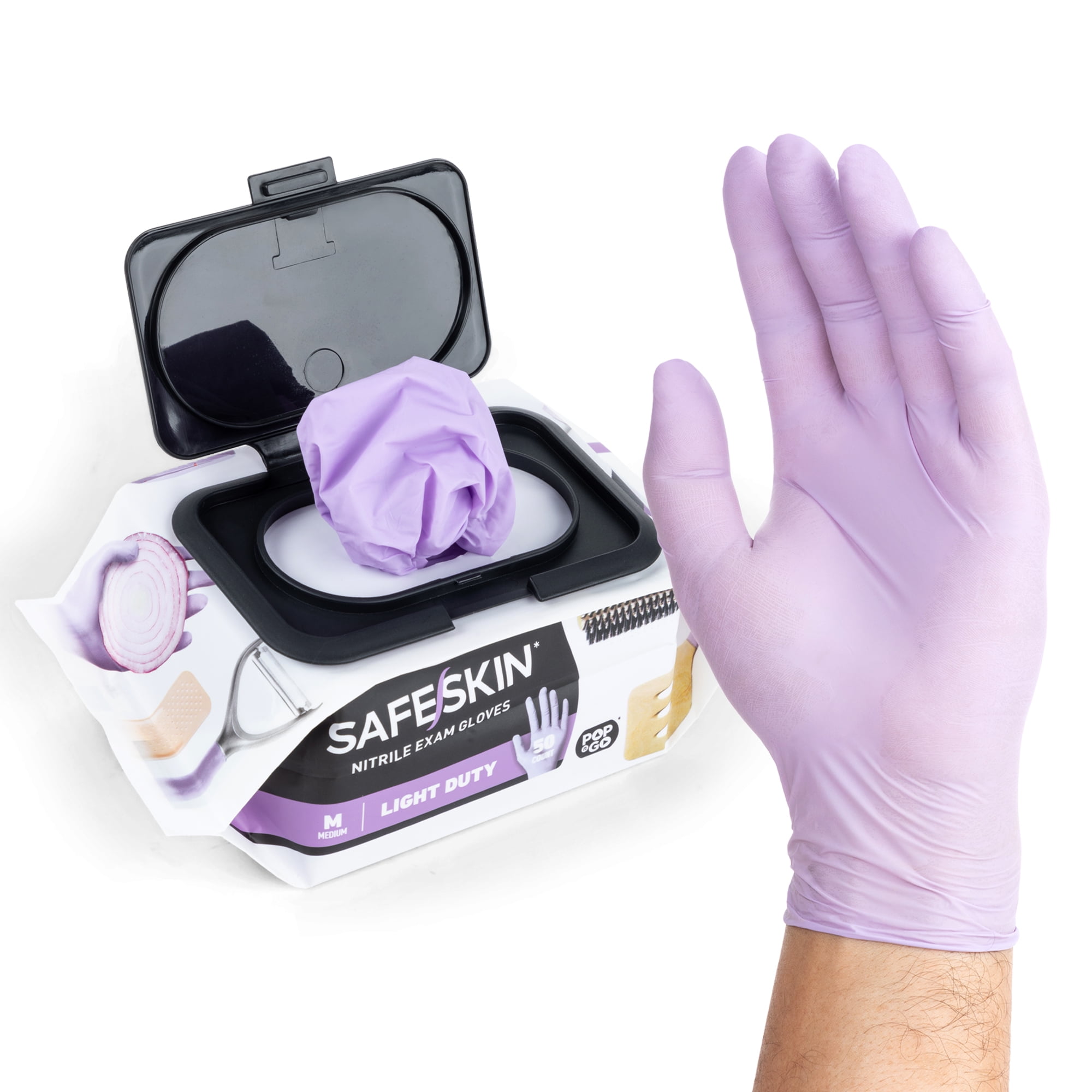 SAFESKIN* POP-N-GO* Nitrile Gloves, Light Duty, Medium Size, Powder-Free -For Food Handling, Hair Color - Exam Gloves - 50 Count