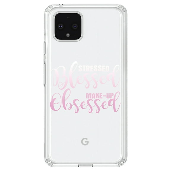 DistinctInk Clear Shockproof Hybrid Case for Google Pixel 4 (6.1" Screen) - TPU Bumper Acrylic Back Tempered Glass Screen Protector - Stressed Blessed Make Up Obsessed