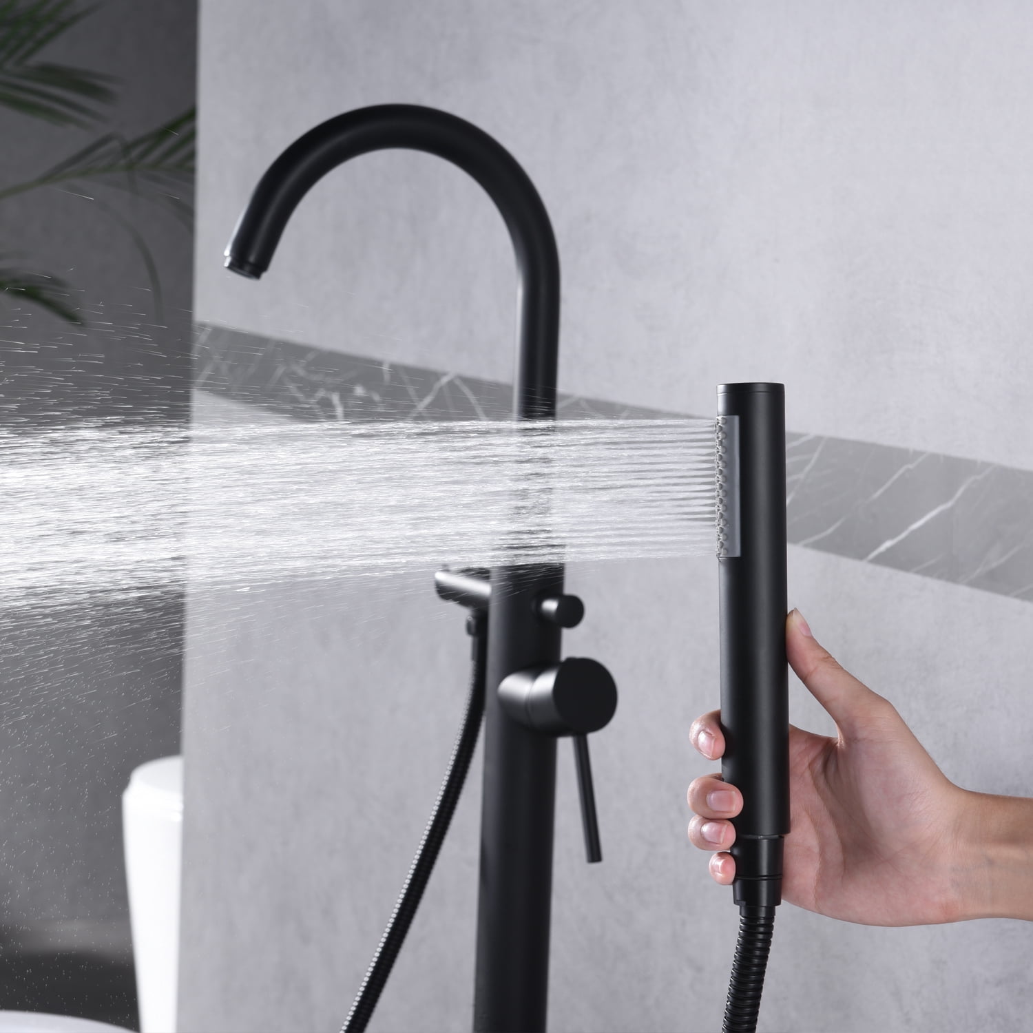sumerain Freestanding Bathtub Faucet Matte Black Floor Mounted Tub Filler with Handheld Shower, High Flow Rate