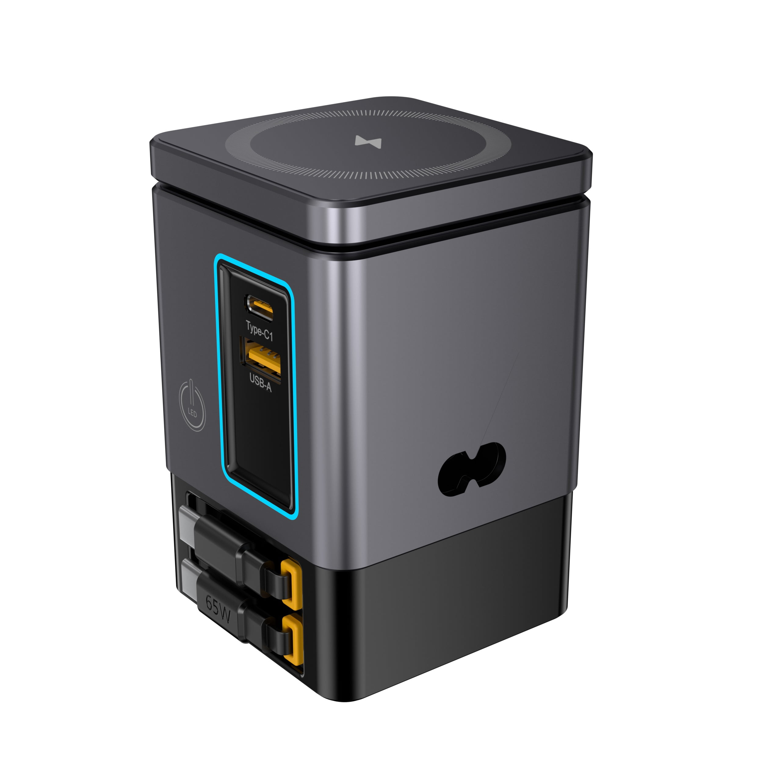 105W Black 6-in-1 GaNFast™ Charging Station Total Output, 15W MagSafe Wireless Charger, PD65W Retractable Type-C Cable, PD20W Retractable Lightning Cable, PD18W USB-A Port, AirPods Wireless Charger