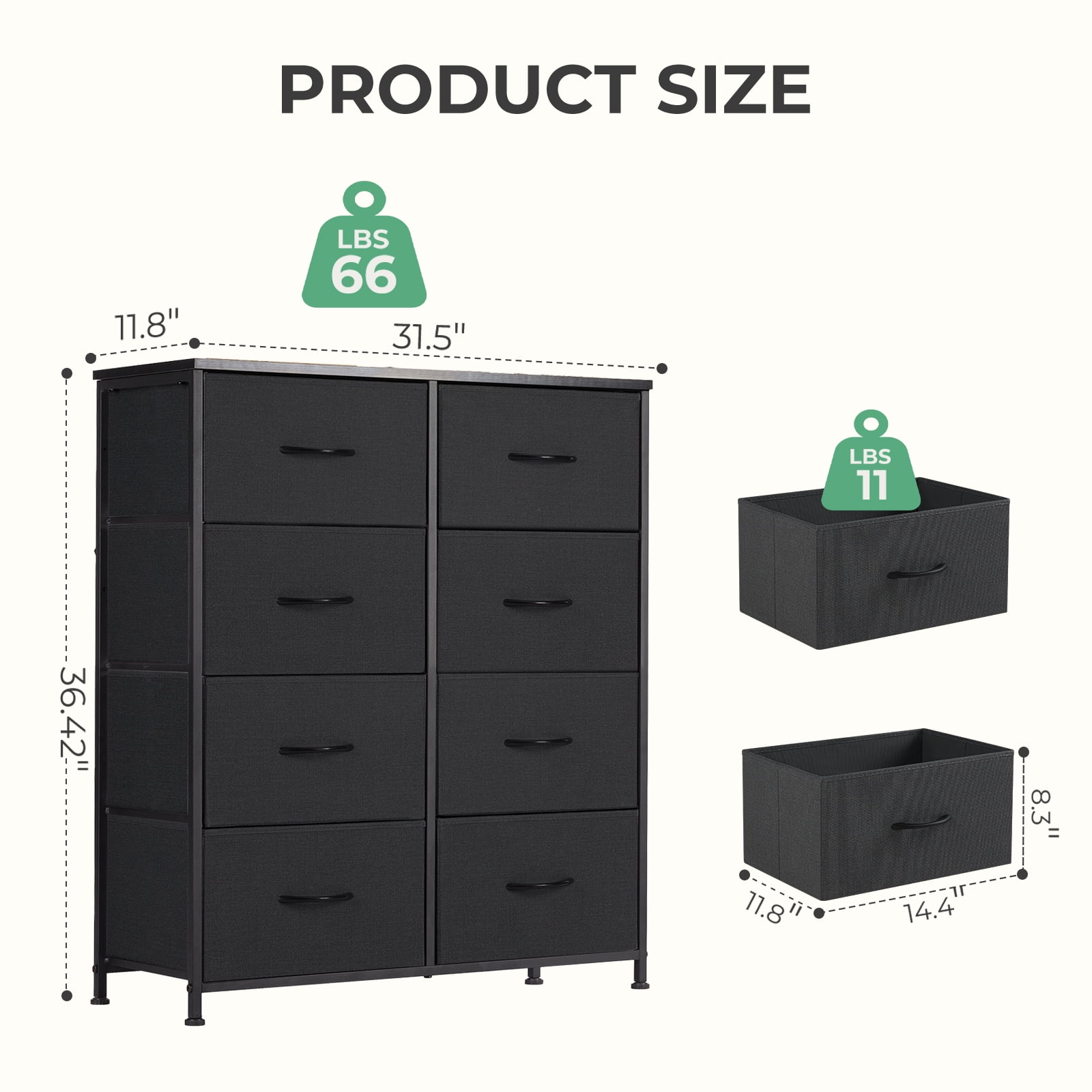 Aidoly Dresser for Bedroom, 8 Storage Drawers, Anti-Tip Fabric Closet Chests Organizer Tower Furniture with Wooden Top Metal Frame for Clothes, Living Room, Hallway, Entryway, Black