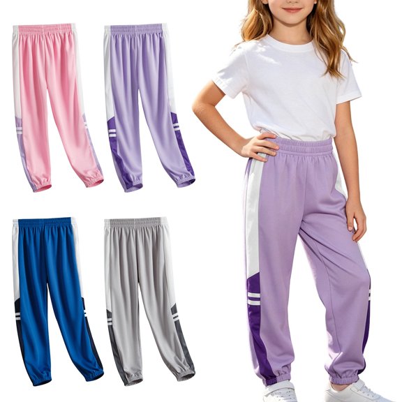 Crunowin Girls Color Block Cotton Pants, Elastic Waist Loose Patchwork Sporty Kids Trendy Everyday Trousers Blue 12 T