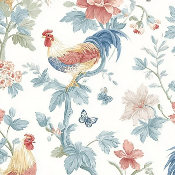 Farmhouse Peel and Stick Wallpaper Vintage Rooster Floral Butterflies Pastel Colors Wall Mural 23.6in x 9.8ft Self Adhesive Removable Renter Friendly Wallpaper for Nursery Bedroom Cabinets