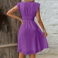 thumbnail image 6 of Summer Dresses for Women Party Outfit V Neck Ruffle Fly Sleeve Casual Eyelet Button Up Smocked Knee Length Dress (M, Purple), 6 of 7
