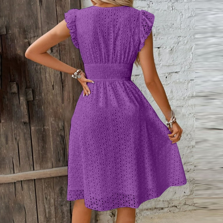UPPADA Womens Summer V-Neck Ruffle Cap Sleeve Dress Casual Shift Mini Dress  Summer Dresses A Line Smock Short Dress Purple,S - Walmart.com