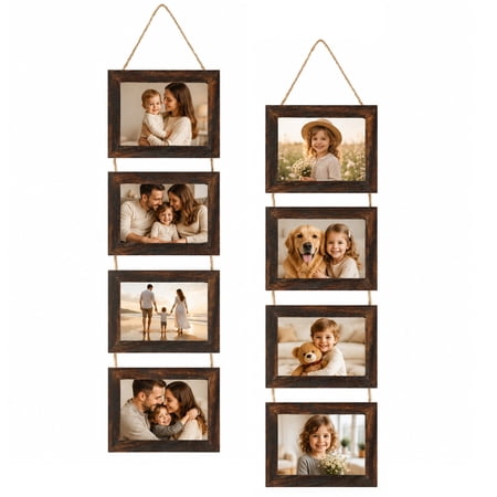Meframe 5x7 Hanging Picture Frames Set of 2,4 Openings Wood Photo Collage Frame for Wall Decor,Brown