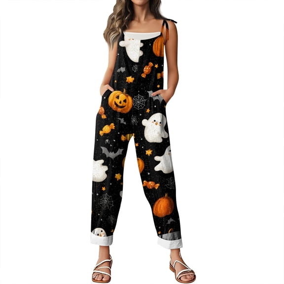 Women’s Halloween Pumpkin Print Jumpsuits, Loose‑Fit Lightweight Casual Overalls Rompers