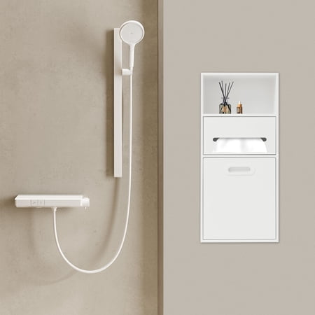 White 304 Stainless Steel 66x14x30cm Embedded Niche 3-Storey Bathroom Storage Cabinet With Hidden Trash Can