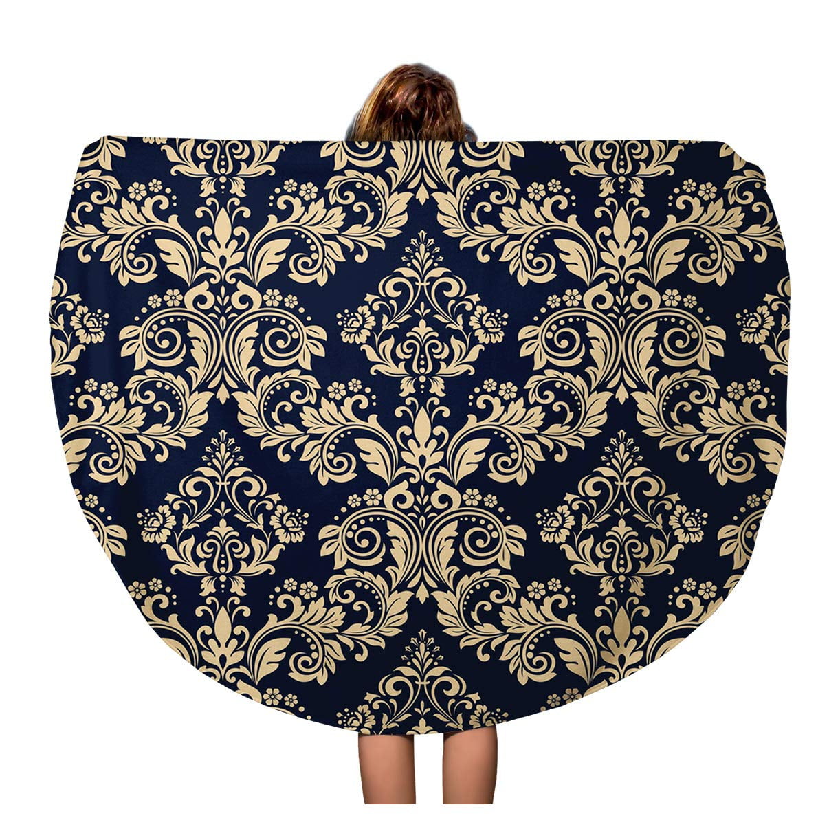 SIDONKU 60 inch Round Beach Towel Blanket Antique Floral Pattern