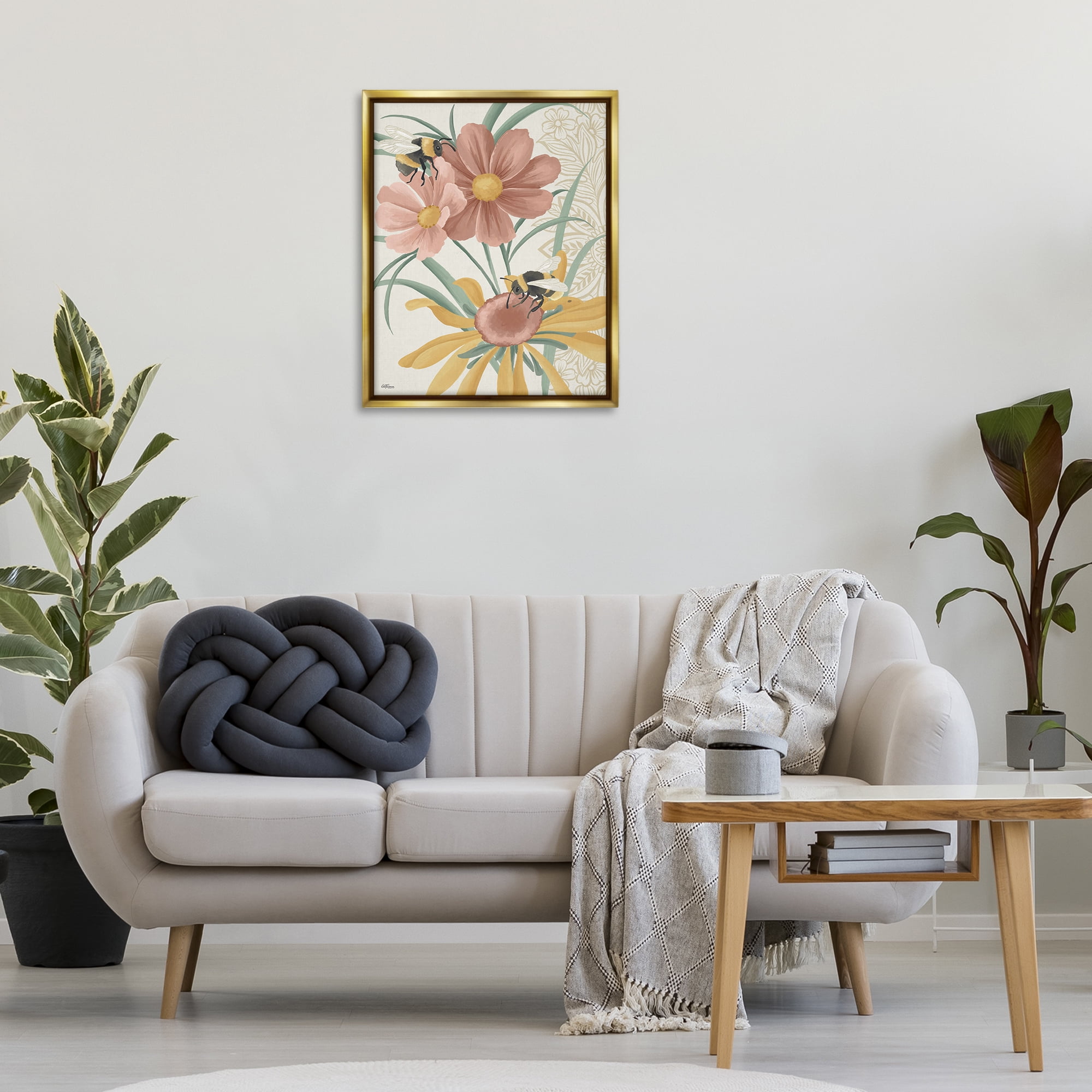Stupell Industries Pollinating Bumble Bees Botanical & Floral Painting Gold Floater Framed Art Print Wall Art, 25 x 31