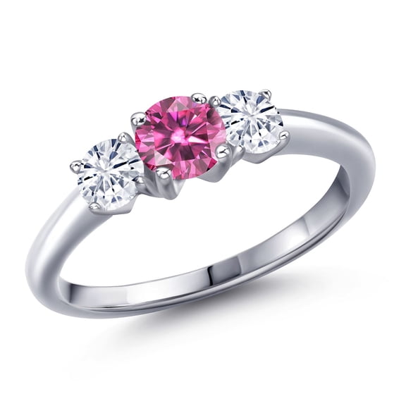 Gem Stone King 925 Sterling Silver Pink Moissanite and White Moissanite Engagement Ring for Women | 0.96 Cttw | Round 5MM | Gemstone Birthstone | Size 7