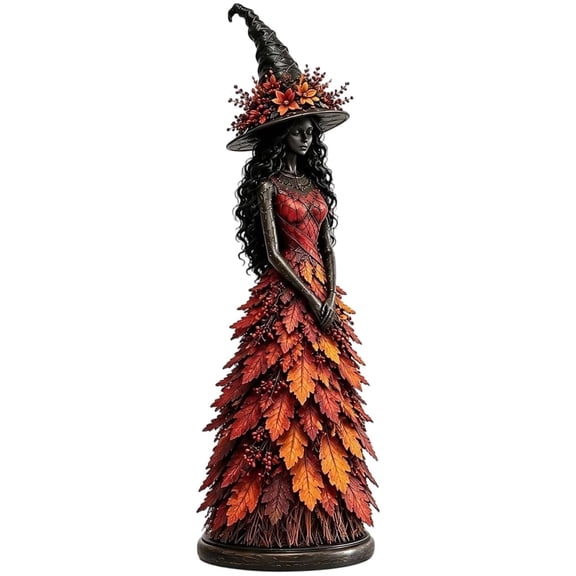 Enchanted Autumn Witch Figurine, Halloween Tabletop Statue Decor | Resin Witch Figurine with Leaf Gown, Seasonal Resin Witch Decoration, Harvest Home Decor Gift (Red)lxf