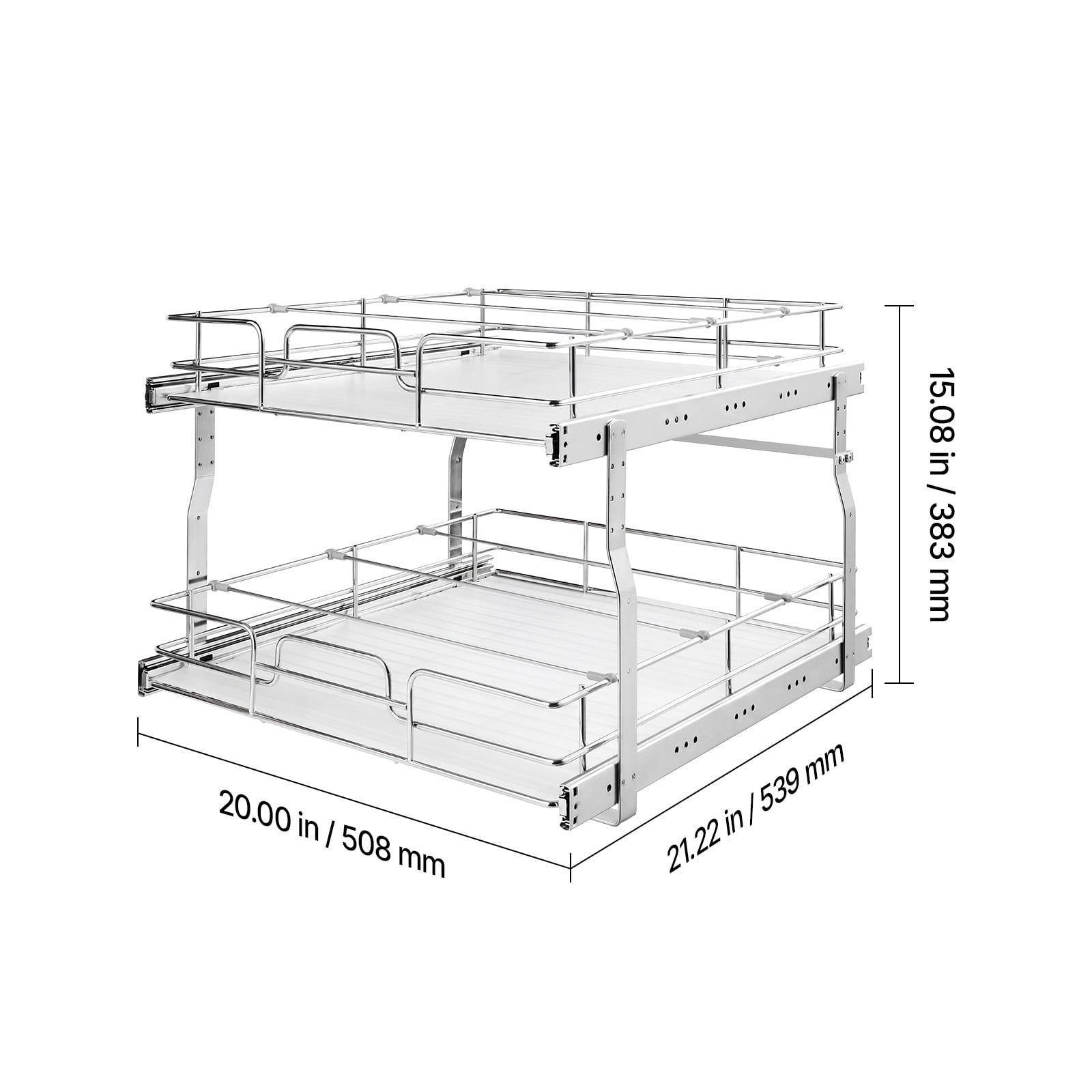 KFFKFF 2-Tier Pull-Out Cabinet Organizer, 20"W x 21.22"D Sliding Drawers for Kitchen, Bathroom, or Pantry Storage, Chrome-Plated Finish, Durable Steel Shelving for Base Cabinets