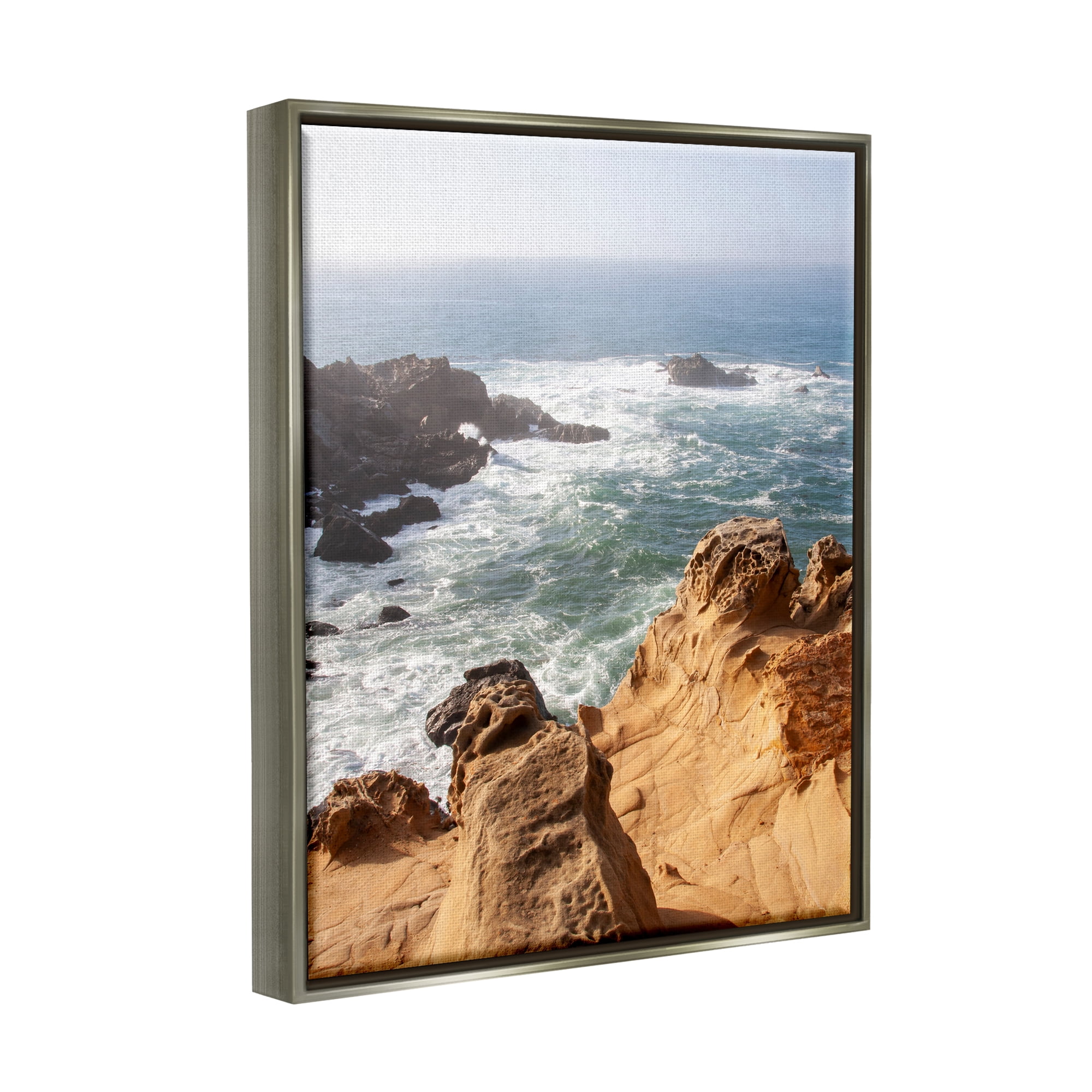 Stupell Industries Sea Cove Splashing Waves Landscape Photography Gray Floater Framed Canvas Art Print Wall Art, 25 x 31