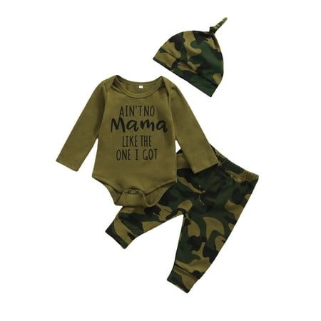 

Sunisery Newborn Infant Baby Boy Girl Camouflage Clothes Romper Long Sleeve Bodysuit+Pants Hat Outfits Green Mama 12-18 Months