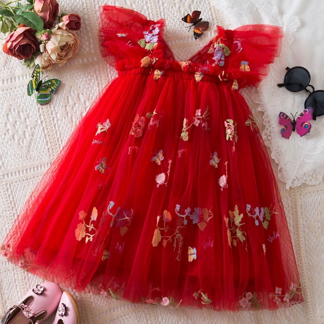 FYDUU Robes d'Été pour Filles Robe en Tulle Sans Manches Brodée de Fleurs avec Ailes Robe de Fête de Vacances Robe de Princesse 4-5 Ans