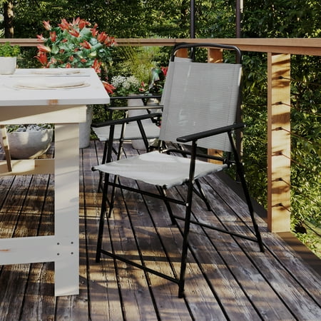 BizChair Set of 4 Folding Patio Sling Chairs Outdoor Textilene Lawn Chairs with Armrests in Gray