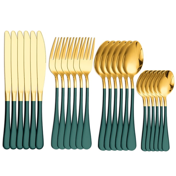 Xiao Hua Juego de cubiertos de 24 piezas, para 6 personas, de acero inoxidable, para el hogar, restaurante, fiestas, color dorado y verde.