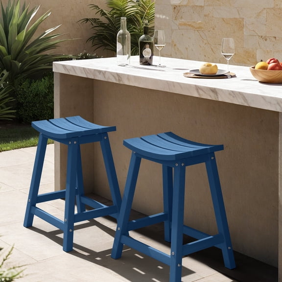 Set of 2 Outdoor Bar Stools 24", HDPE Weatherproof Patio Saddle Seats, Navy
