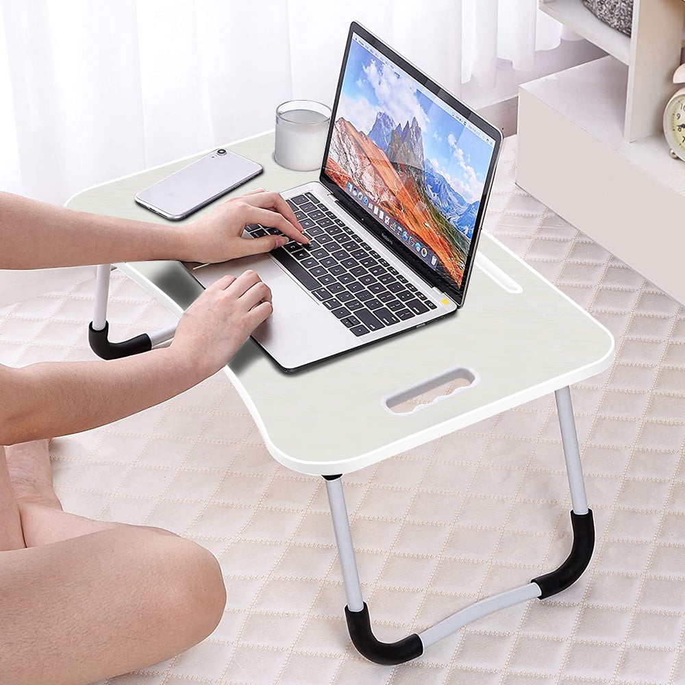 Portable Laptop Desk for Bed, SEGMART 2021 Folding Laptop Bed Tray Table with Tablet and Phone Slots, Cup Holder, Small Writing Bed Table Notebook Stand Reading Holder for Couch, White, Q172