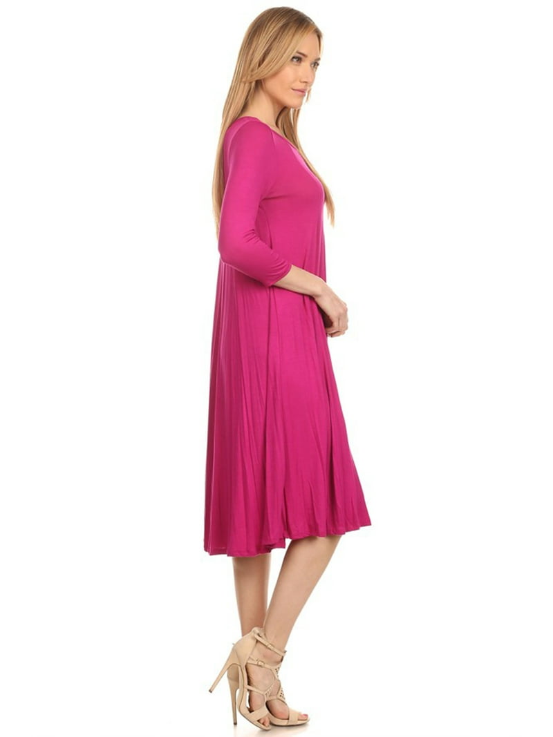 Women's Solid Casual Comfy 3/4 Sleeve Loose Fit A-line Midi Dress 3X Magenta