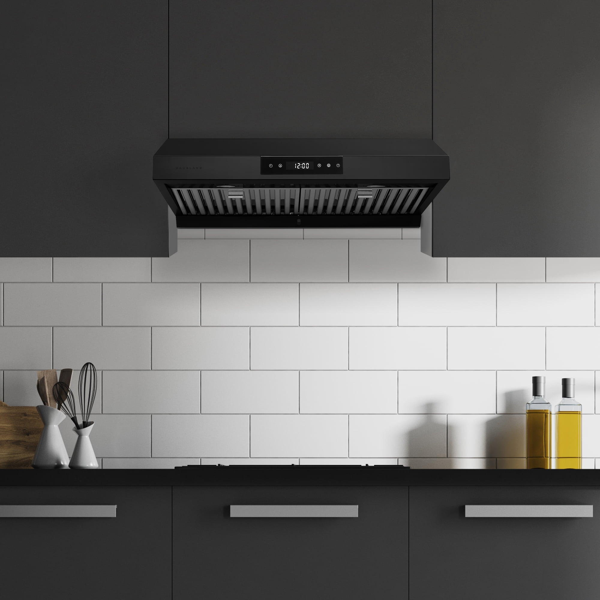 Hauslane | Chef Series 30" PS18 Under Cabinet Range Hood, Matte Black | Pro Performance | Contemporary Design, Touch Screen, Dishwasher Safe Baffle Filters, LED Lamps, 3-Way Venting