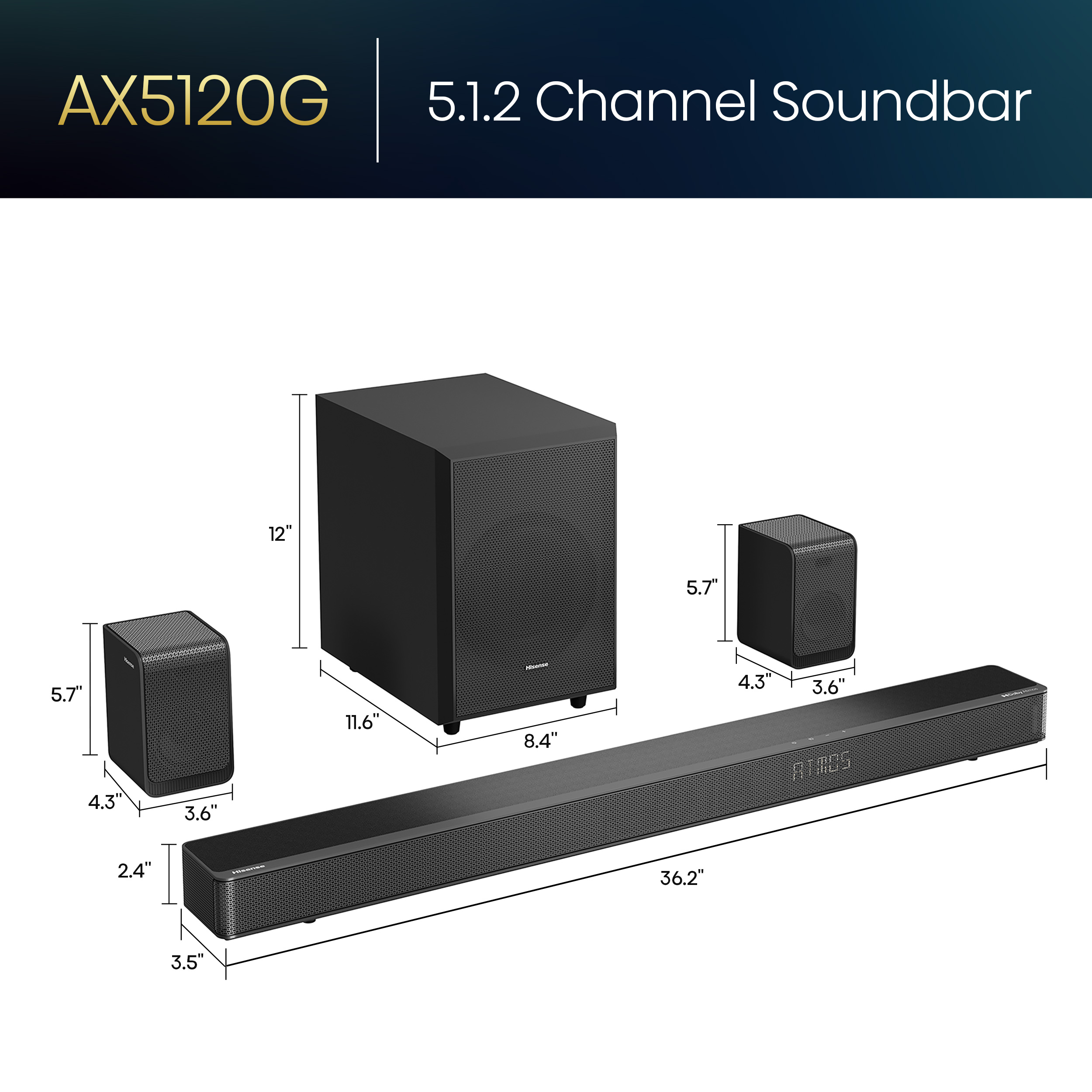 Hisense AX Series 5.1.2 Ch 420W Soundbar with Wireless Subwoofer, Wireless Rear Speakers, and Dolby Atmos (AX5120G, 2023 Model) - image 3 of 16
