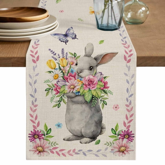 Table Runner 36 Inches Long for Kitchen Dining, Happy Easter Dresser Scarf Farmhouse, Dining Table Decorations for Wedding/Parties, Cute Bunny Vintage Spring Flowers Butterfly 13 x 36 In
