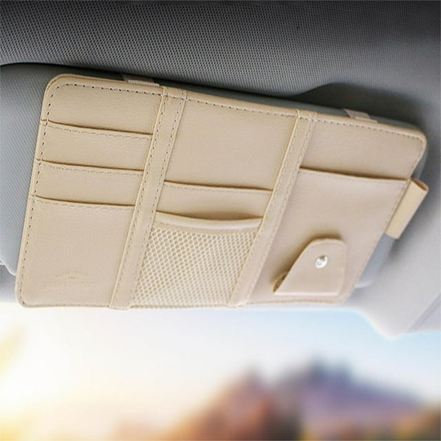 Organizador universal para visera de coche: bolsa de cuero con 6 ranuras para tarjetas, soporte para gafas de sol y bolsillo con cremallera para teléfono, identificación y efectivo. Apto para todos