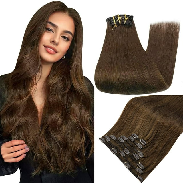 Extensiones de cabello Full Shine con clip en cabello humano real, 7 unidades, extensiones de cabello con clip #4, color marrón medio, extensiones de cabello humano invisibles, cabeza completa, 18 pul