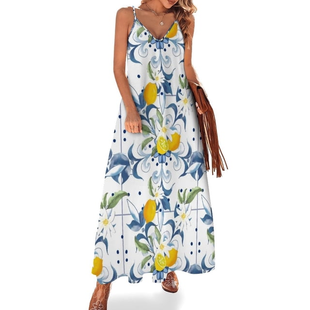 Robe d'Été style Méditerranéen Agrumes Mosaïque Motif Citron Sans Manches Robe de Bal Robe de Soirée 2024 Femmes