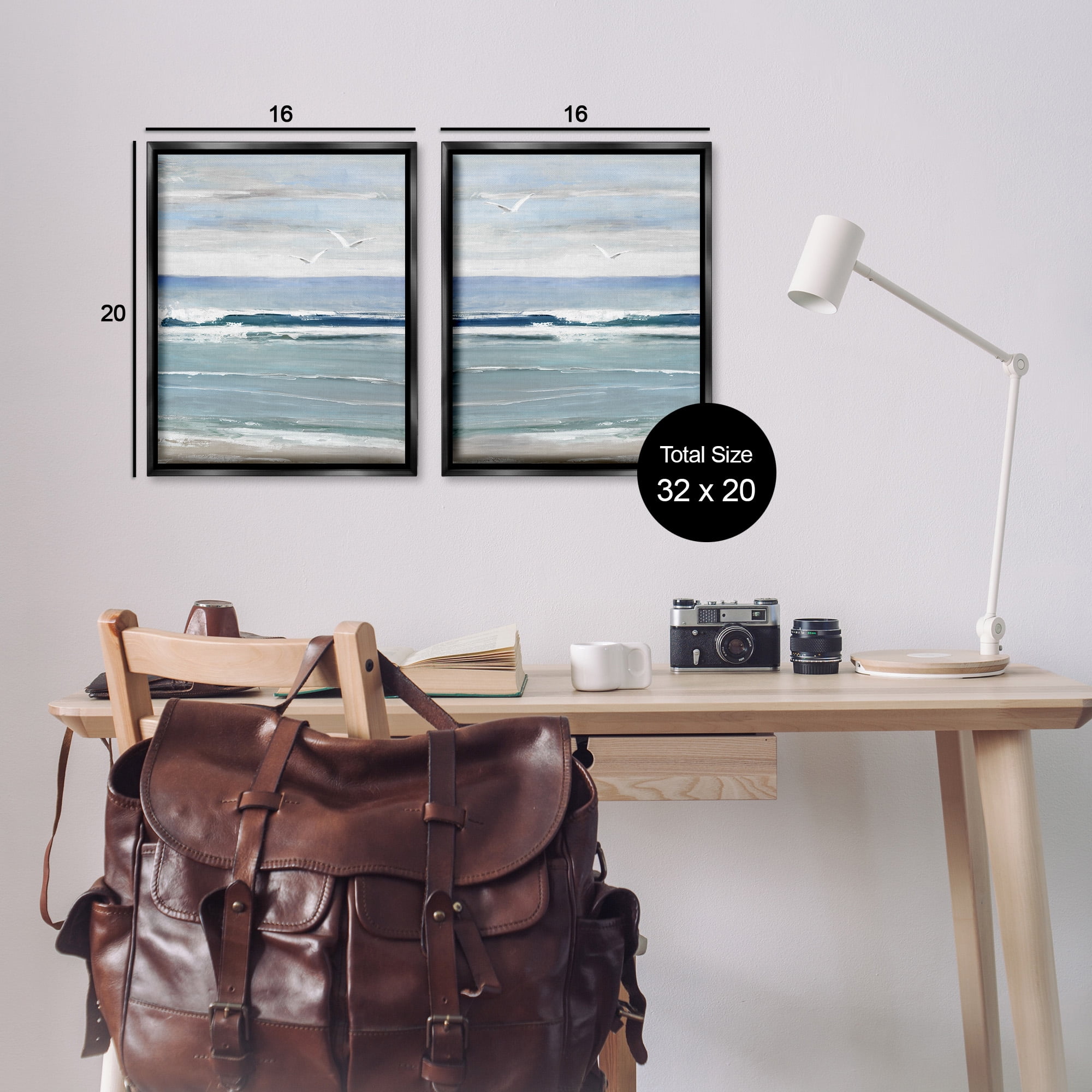 Stupell Industries Seagulls over Beach Waves Landscape Painting Black Floater Framed Canvas Art Print Wall Art, 17 x 21, Set of 2