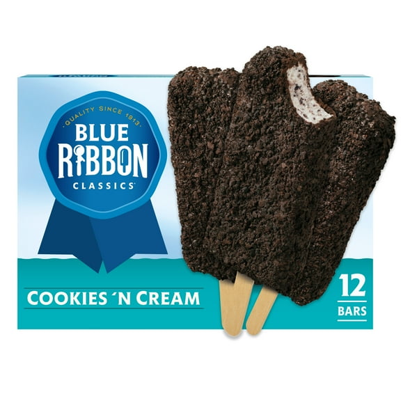Blue Ribbon Classics Cookies and Cream Coated with Cookie Pieces Frozen Dessert Treat Bar, 36 fl oz, 12 Pack