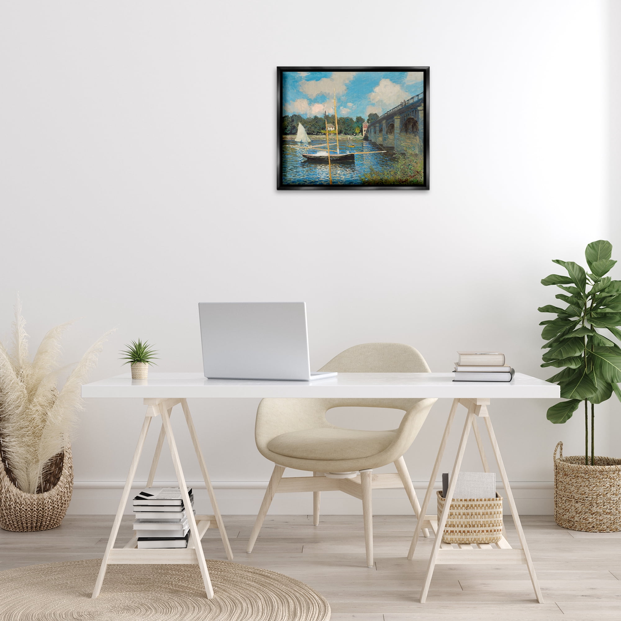 Stupell Industries Classic River with Boats Sailing Landscape & Nature Painting Black Floater Framed Canvas Art Print Wall Art, 21 x 17