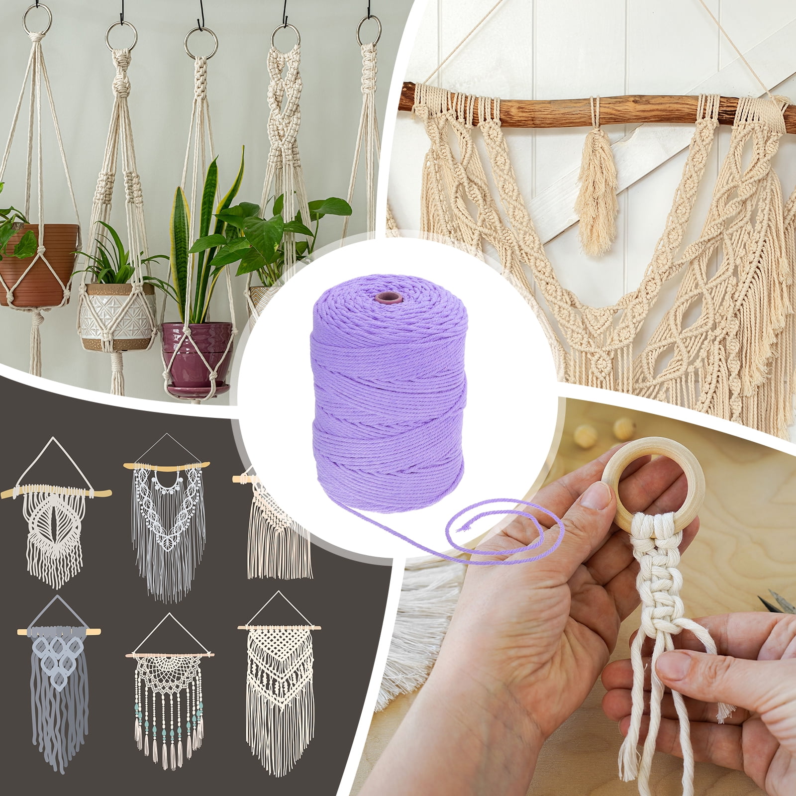 Uxcell Natural Macrame Cord 3mm x 328 Yards 4 Strand Twisted Cotton Macrame Rope for DIY Knitting Plant Wall Hanger Dreamcatcher, Light Purple