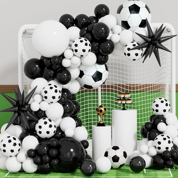 Soccer Balloon Garland Arch Kit - Black and White Football Print Balloons Arch Kit with Foil Football Exploding Star Balloon for Sports Fan, Birthday Party, Baby Shower, Soccer Theme Party Decor