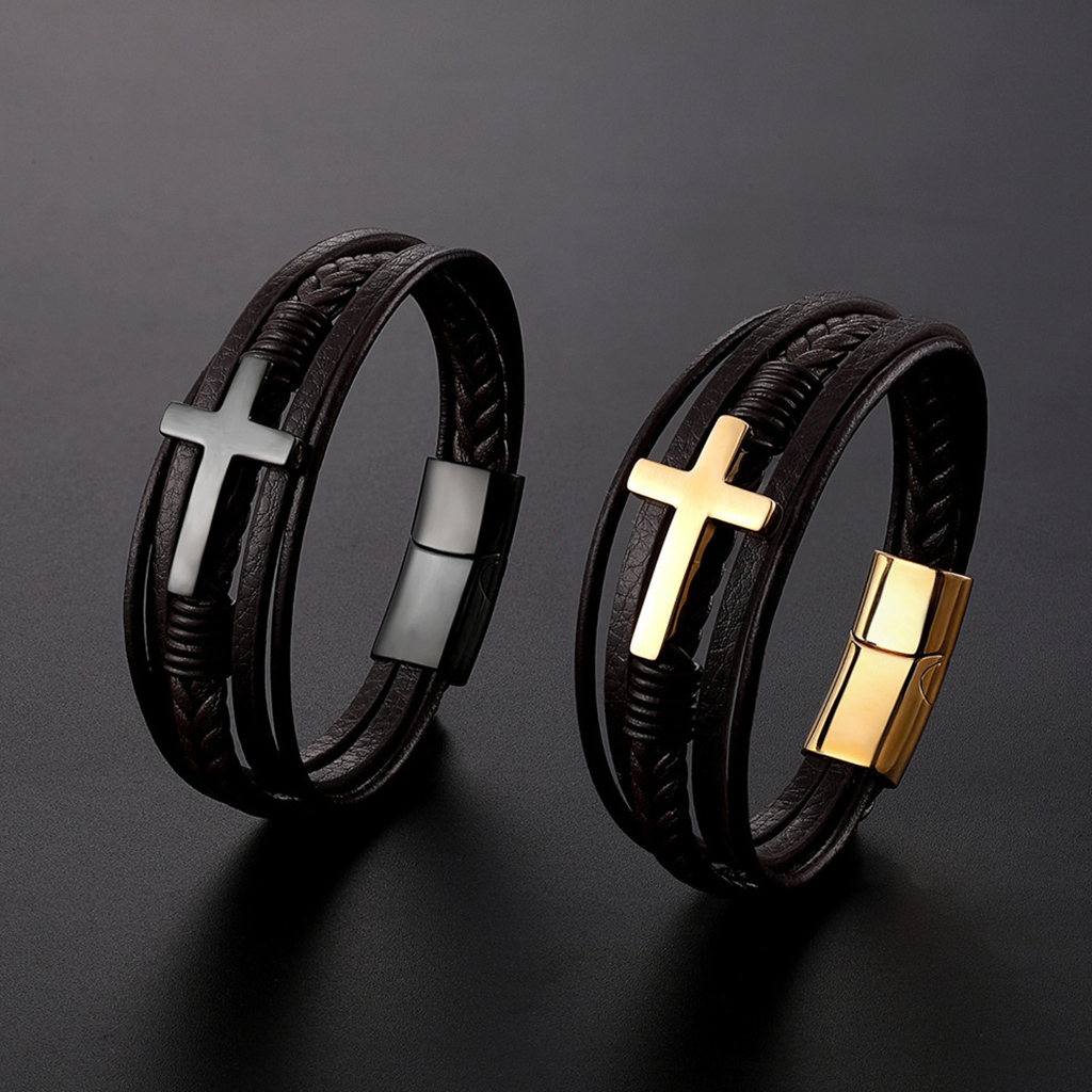 Mens Stainless Steel Twisted Cable Wire Cross Leather Bangle Bracelet – Silver/Gold – 316L – #BR133