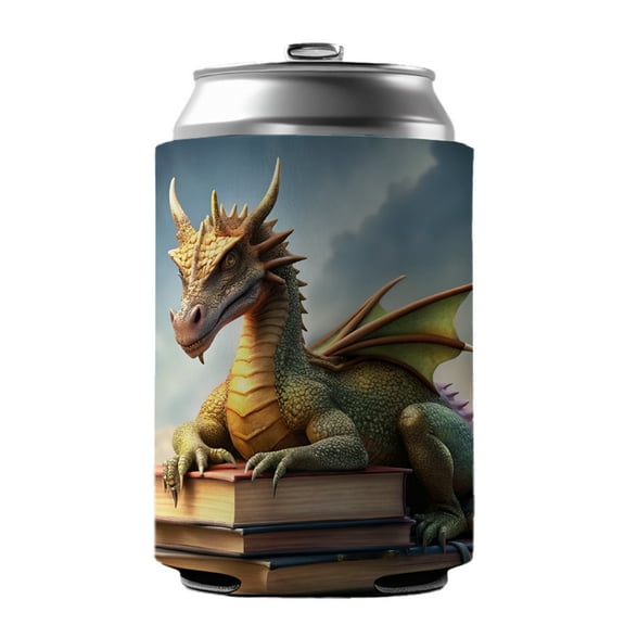 Dragon Laying On Top Of Books Reading Drink Beer Soda Insulated Sleeve Holder Can Cooler Hugger