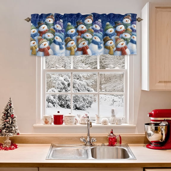 Kitchen Valances for Window, Winter Christmas Colorful Snowman Light Filtering Rod Pocket Valance Curtain, Starry Sky Xmas Night Short Curtains Window Topper for Bedroom 42x12in