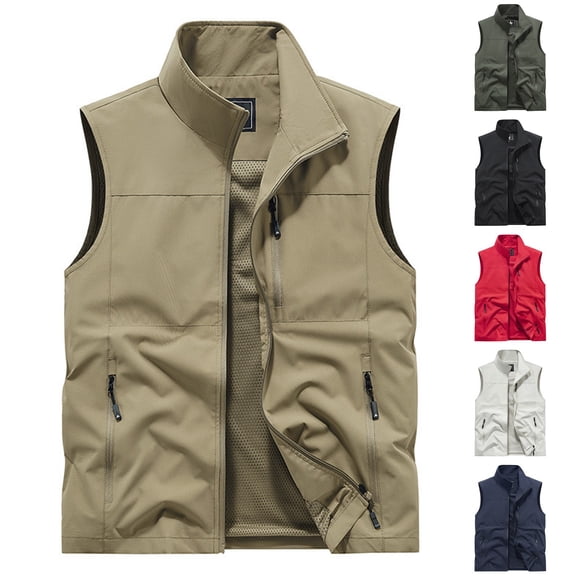 HAIJIE Men’s Stand Collar Outdoor Vest, Sleeveless Utility Vest with Zippered Pockets, M-4XL Sizes, Breathable Lightweight Casual Gilet (Army Green,L)