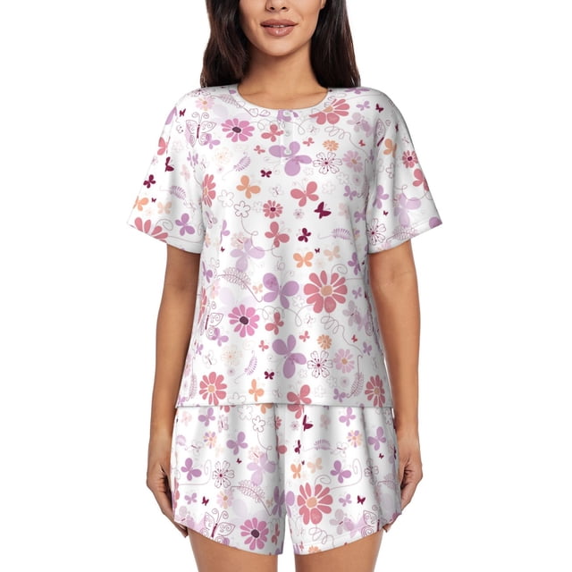 Fotbe Retro Floral Conjunto de Pijama Estampado para Mujer, 2 Piezas, Ropa de Dormir con Camiseta de Manga Corta y Shorts Suaves-XX-Large