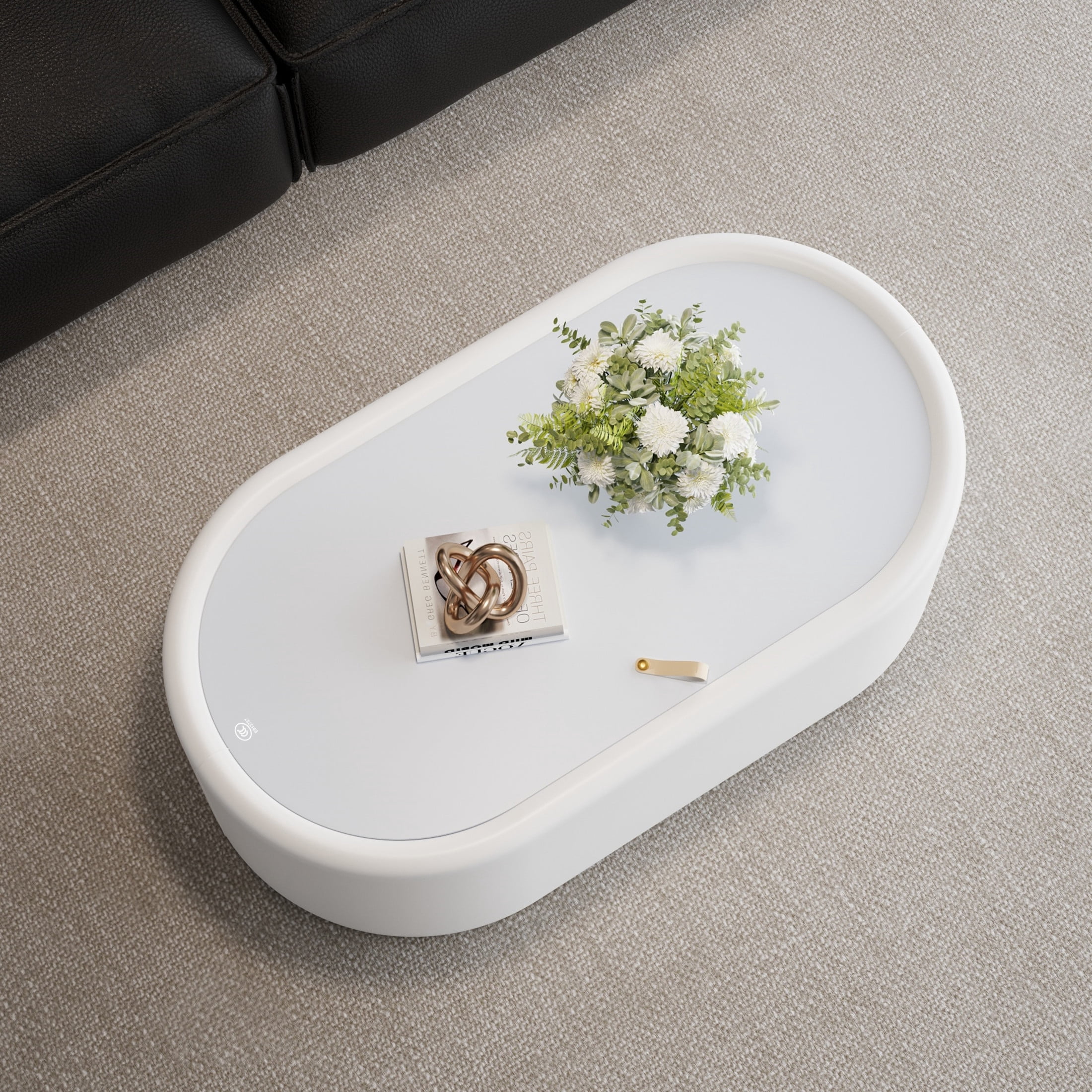 Noble House Morade 33.5" Fluted Curved Rectangle Storage Coffee Table with Glass Top & Leather Wrapped for Living Room, White