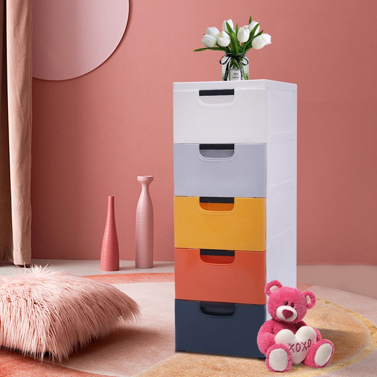 Miumaeov 5 Drawers Plastic Storage Cabinet, Closet Drawers Tall Dresser Organizer for Clothes, Playroom, Bedroom, Stackable Vertical Clothes Storage