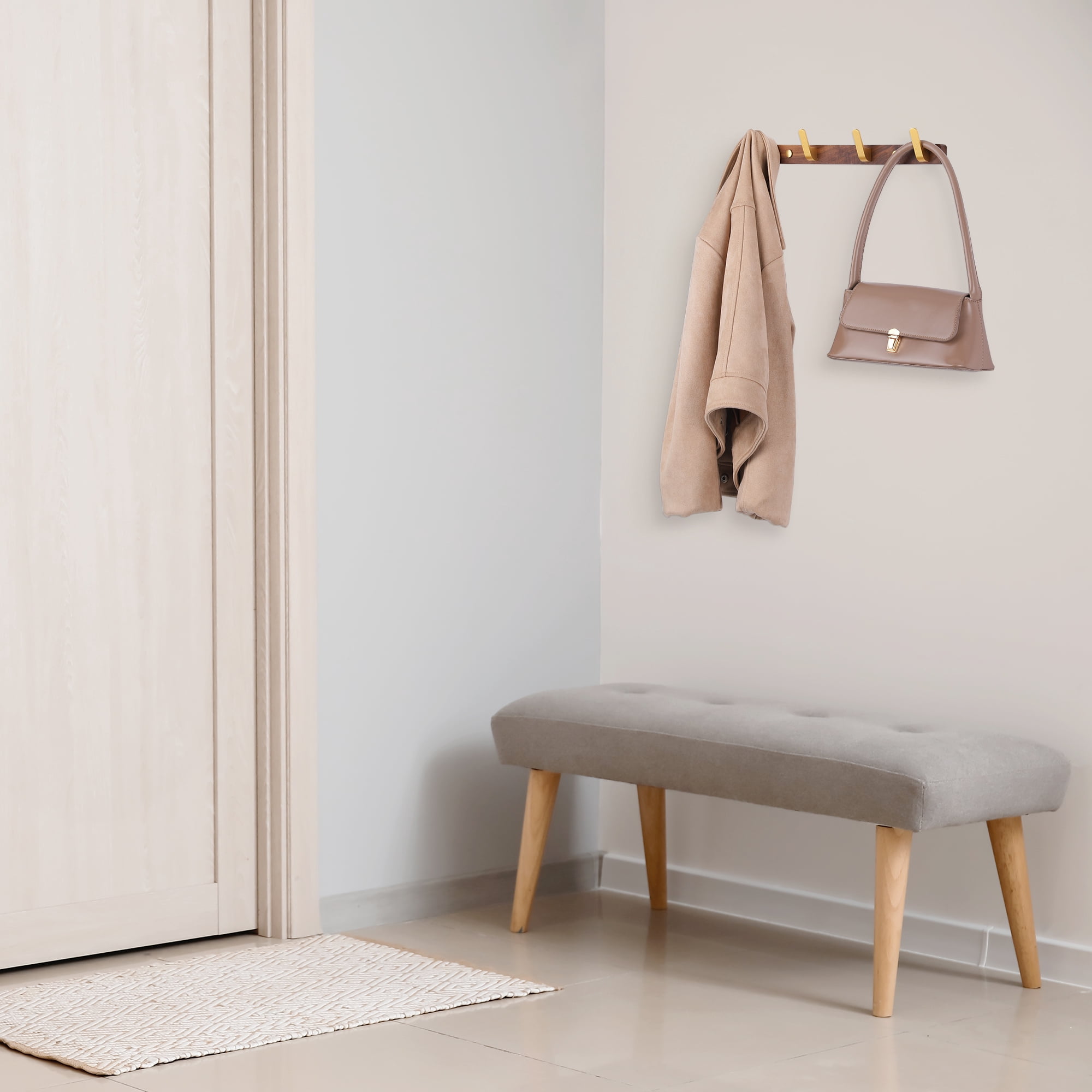 Unique Bargains 1 Pcs Coat Rack Wall Mount Coat Hook for Hanging with 4 Hooks Light Brown