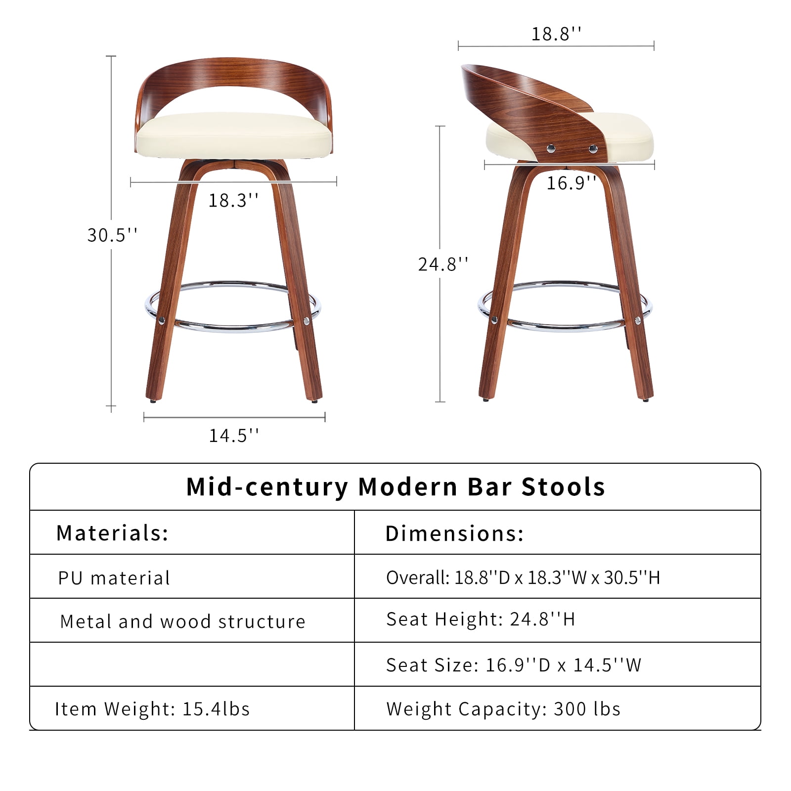 25" Counter Height Bar Stools Set of 4, Wood & PU Leather Counter Stools, Modern Swivel Bar Stools for Kitchen Counter Island, Barstool Chairs, Sillas Para Barra de Cocina (Beige, 4 Pcs)