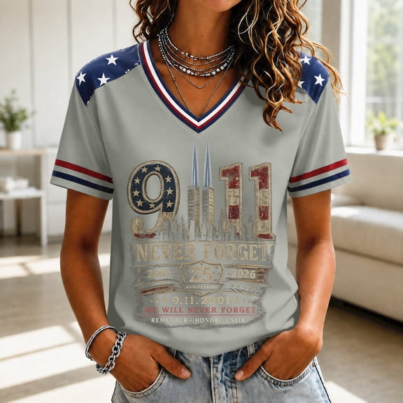 AHMOMEI Never Forget Shirt 9/11 Memorial 25th Anniversary 9/11 Shirt for Women American Flag Patriotic Courage Hope V Neck Short Sleeve Tops