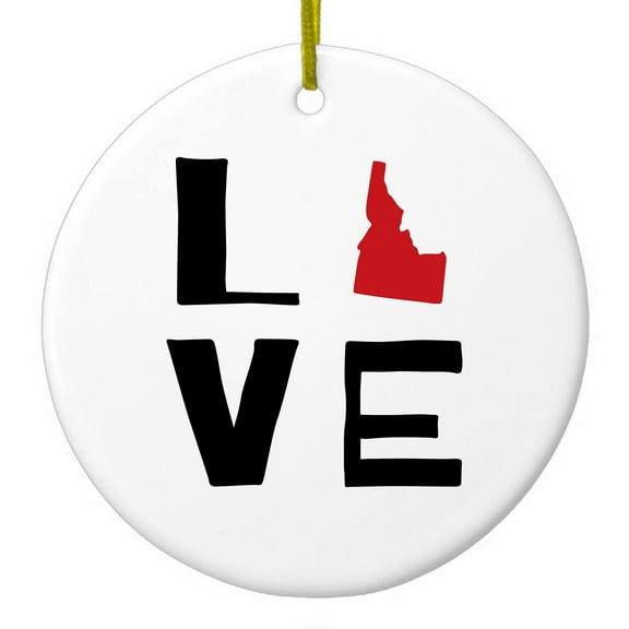 DistinctInk Hanging Ceramic Christmass Tree Ornament with Gold String - Great Gift / Present - 2 3/4 inch diameter - Idaho - Love Black & Red